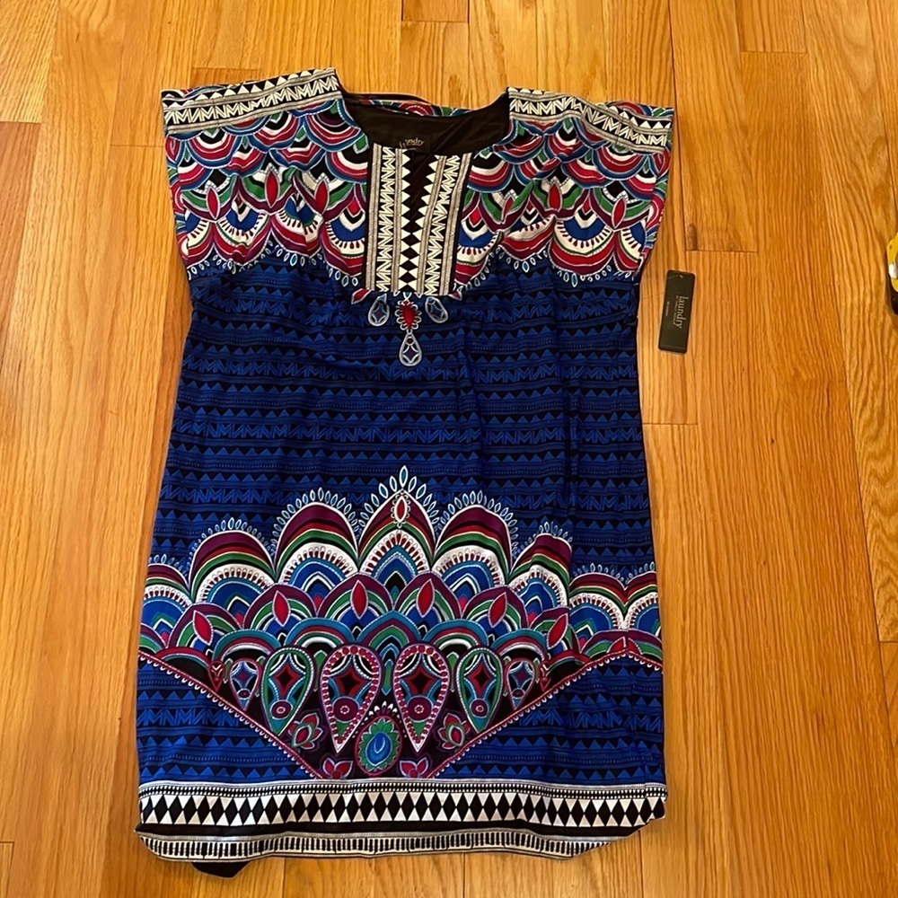 NWT Laundry by Shelli Segal Black Multi Colored Dress Size L